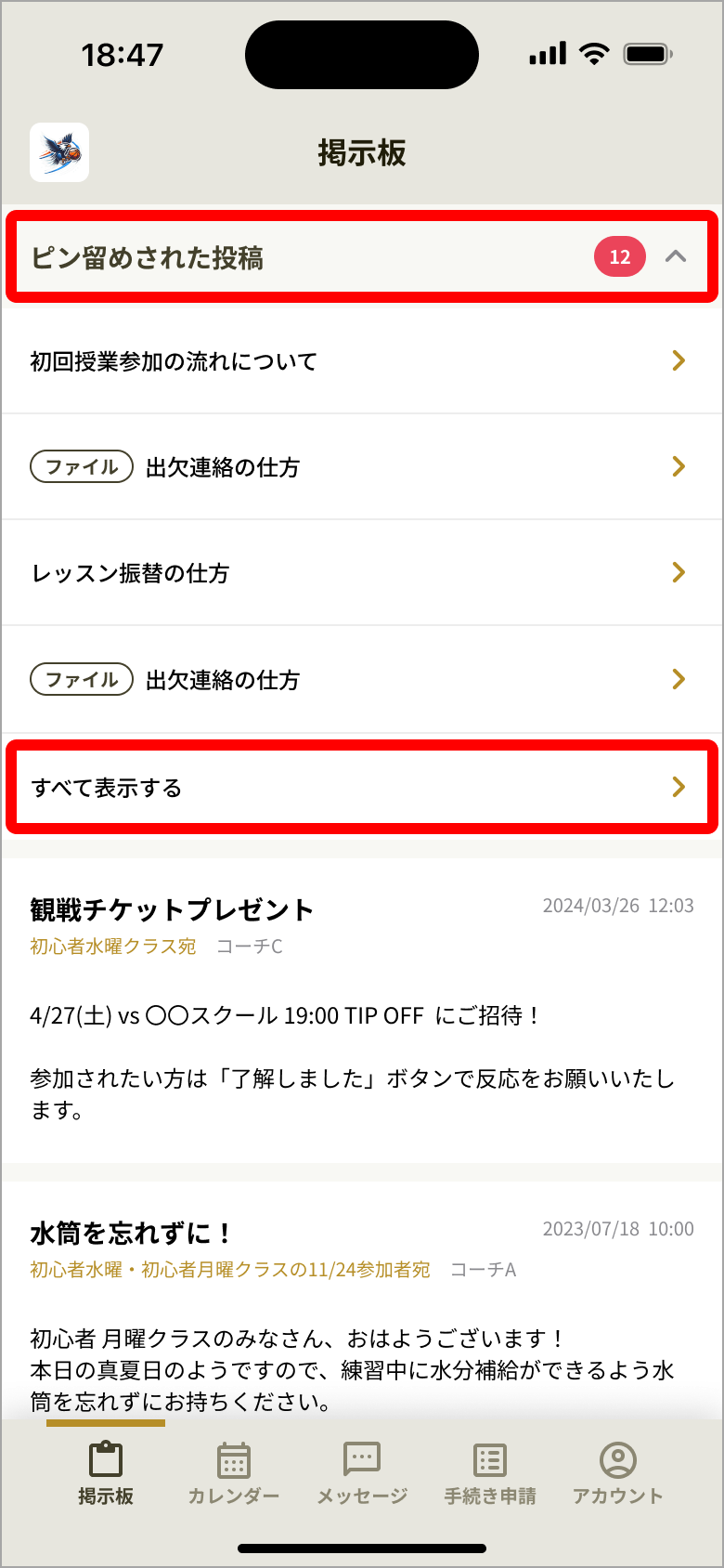 「ピン留めされた投稿」の見出しと［すべて表示する］